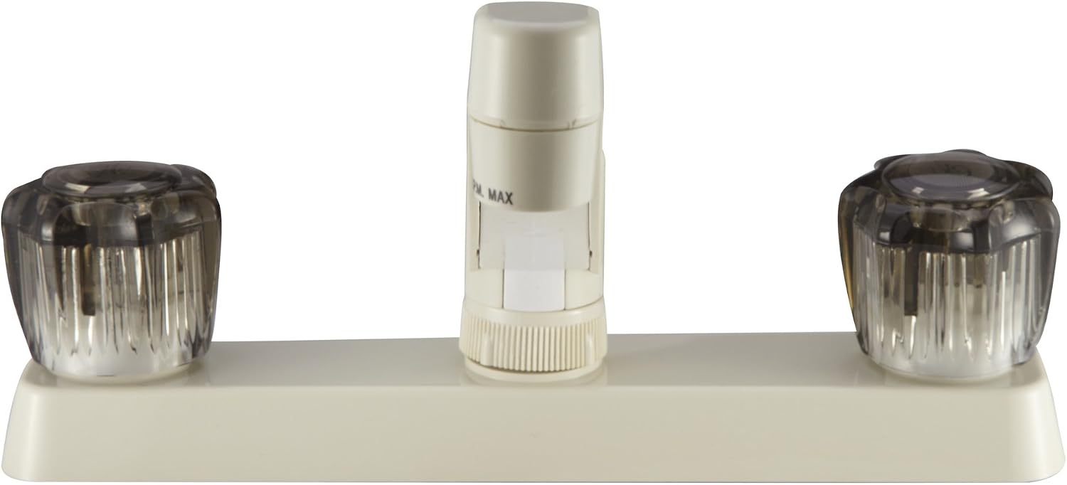 Dura Faucet DF-PK600S-BQ RV Two Handle Kitchen Sink Faucet (Bisque) | Smoked acrylic knobs give smooth, precise control of flow. Bisque Parchment. Plated ABS plastic (not metal).