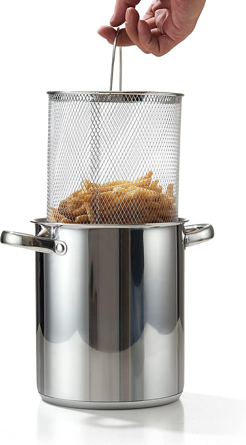 Cook N Home Basics 4-Quart Deep Fryer Pot with Basket, Japanese Tempura Small Stainless Steel Frying Pot with Oil Drip Drainer Rack, Glass Lid, Suitable for Kitchen French Fries, Chicken