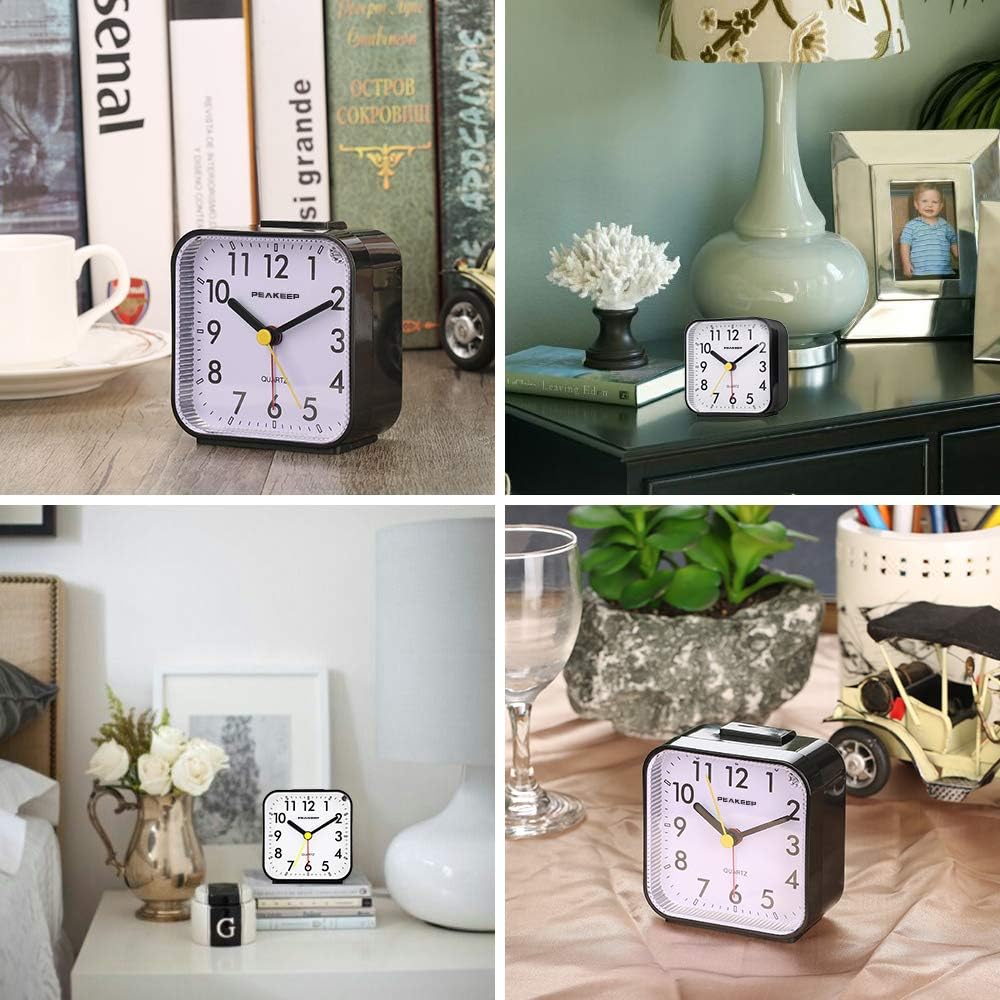 Peakeep Small Battery Operated Analog Travel Alarm Clock Silent | No Ticking, Lighted on Demand and Snooze, Beep Sounds, Gentle Wake, Ascending Alarm, Easy Set (Black)