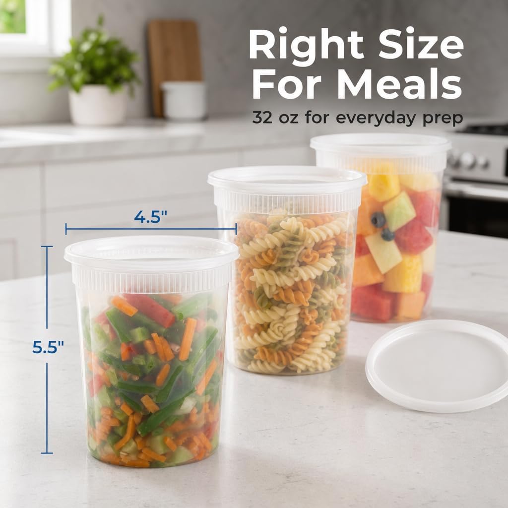 Basix Deli Containers with Lids, 32 Oz Leakproof Plastic, 24 Count | Microwave & freezer safe, for soup, snacks, leftovers, takeout & picnics