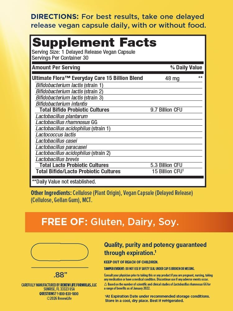 Renew Life Ultimate Flora Probiotic 15 Billion CFU | 30 Delayed Release Vegan Capsules Go Pack | Everyday Care Formula | Dairy, Soy, and Gluten Free Supplement