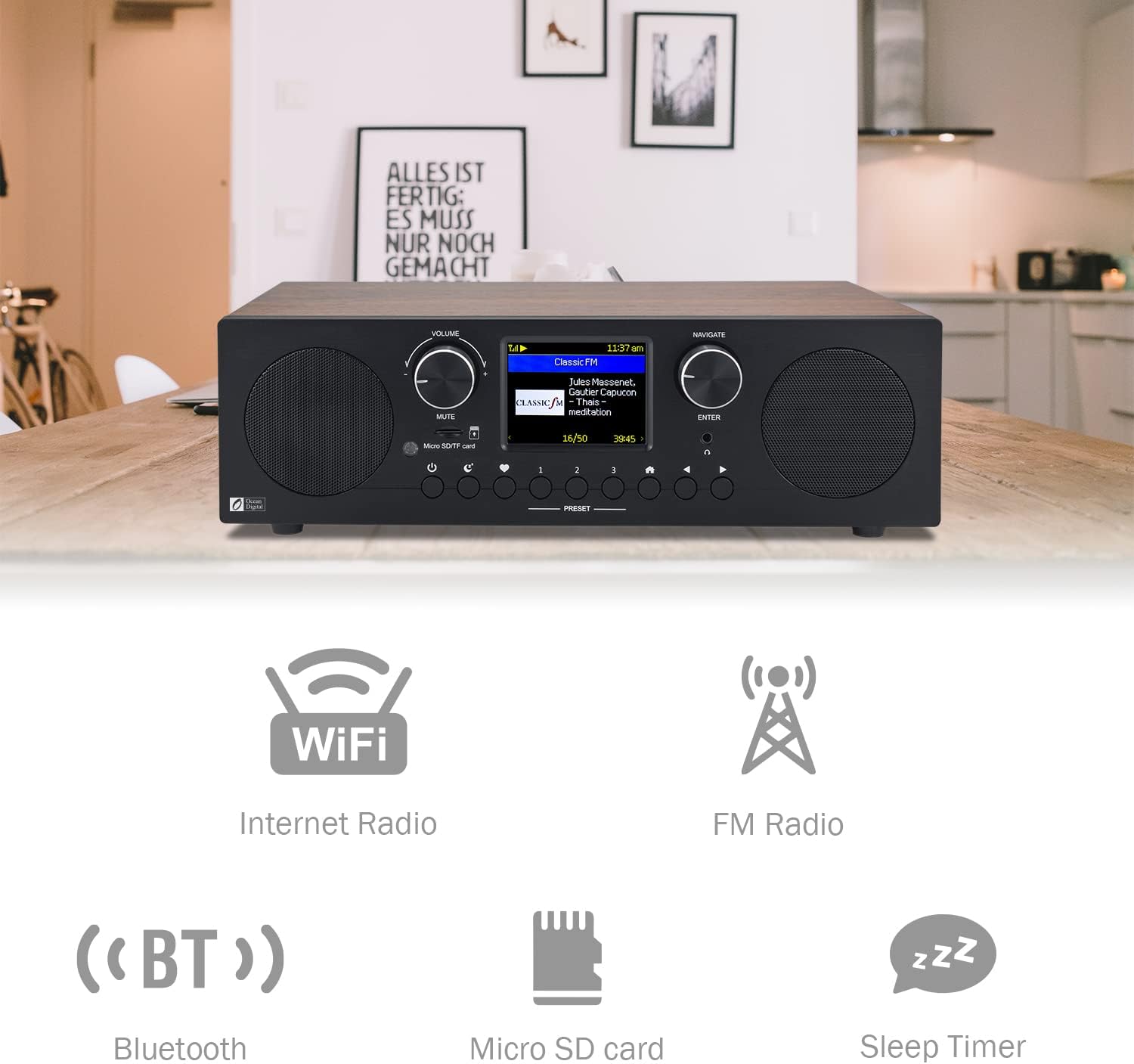 Ocean Digital WR-800 FM Wi-Fi Internet Radio Stereo Speakers Micro SD Line Out Aux in 30