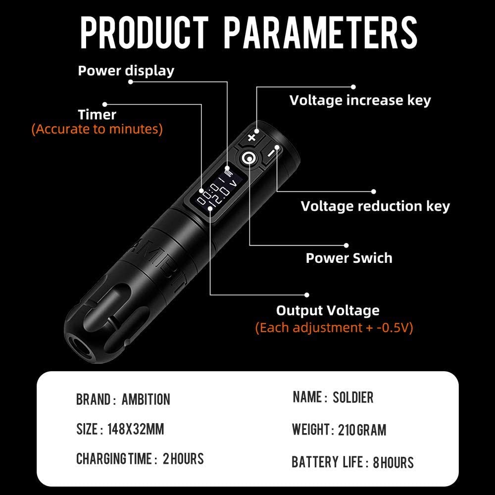 Ambition Soldier Rotary Battery Pen Tattoo Cartridge Machine with 2400mAh Power Japan Coreless Motor Digital LED Display Tattoo Equipment Supply for