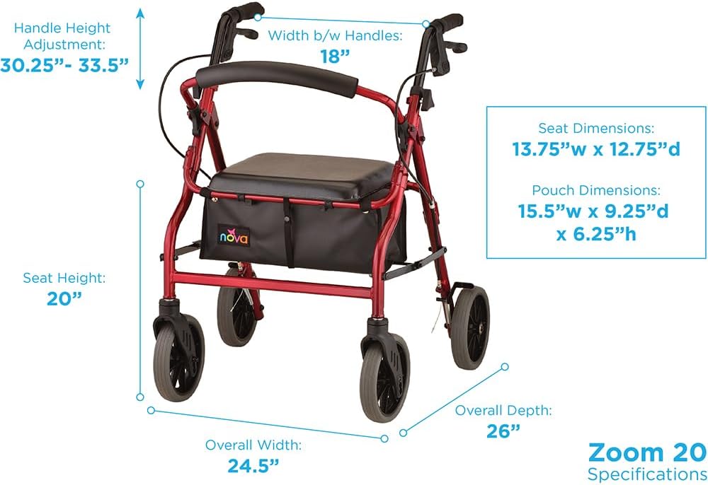 NOVA Zoom 22 Rollator Walker for Seniors, Rolling Walker with Locking Hand Brakes, Padded Seat & 8" Wheels, Lock N Load for Easy Transport & Storage, Adjustable Height 5'5"–6'1", Red