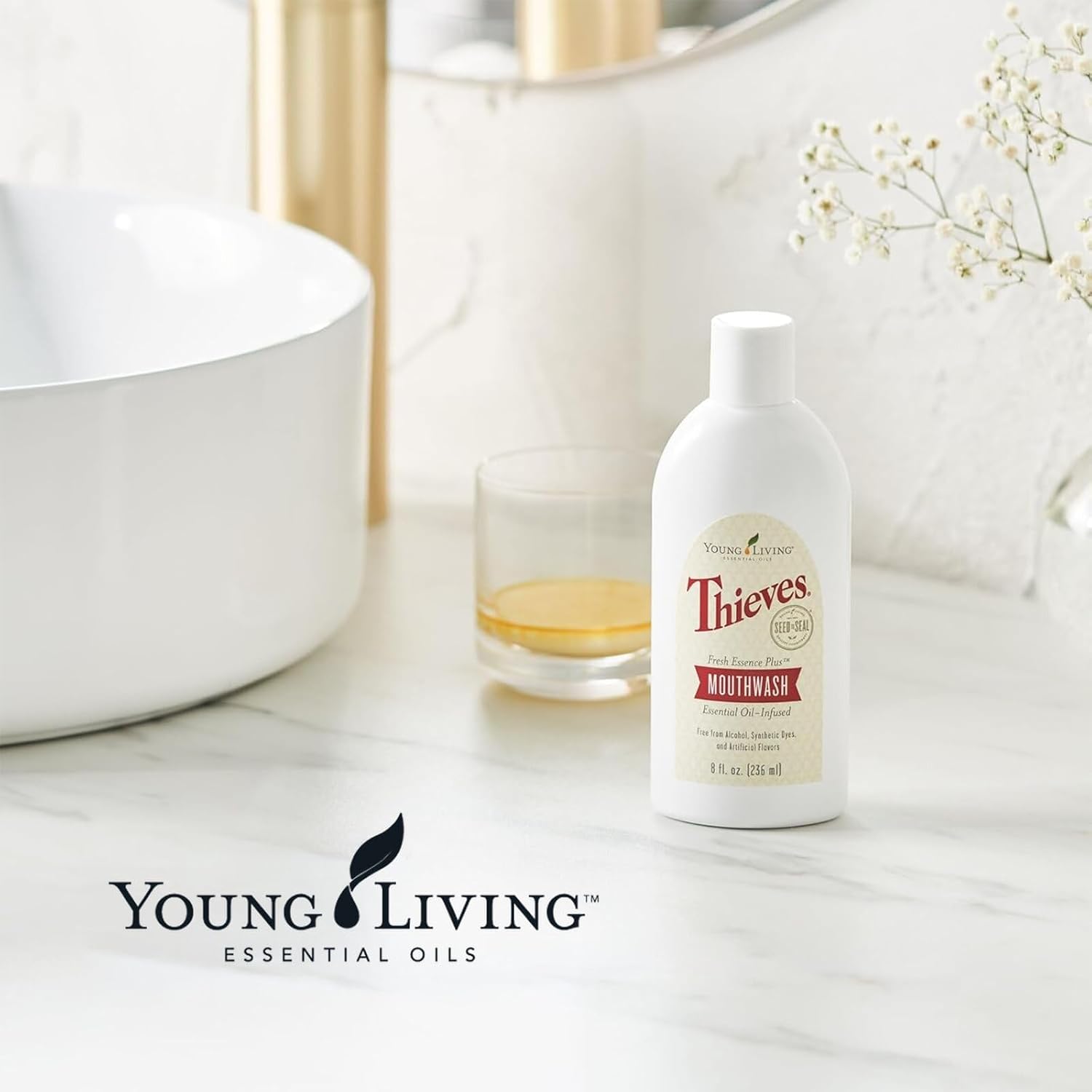 Young Living Thieves Fresh Essence Plus Mouthwash | 8 fl oz | Alcohol-Free and Fluoride-Free | Enhanced with Essential Oils | Peppermint, Rosemary