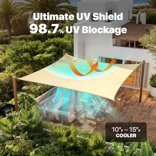 ColourTree Super Ring 20' x 24' Beige Square Sun Shade Sail, Commercial Grade UPF50 Canopy, Reinforced Corners & Edges