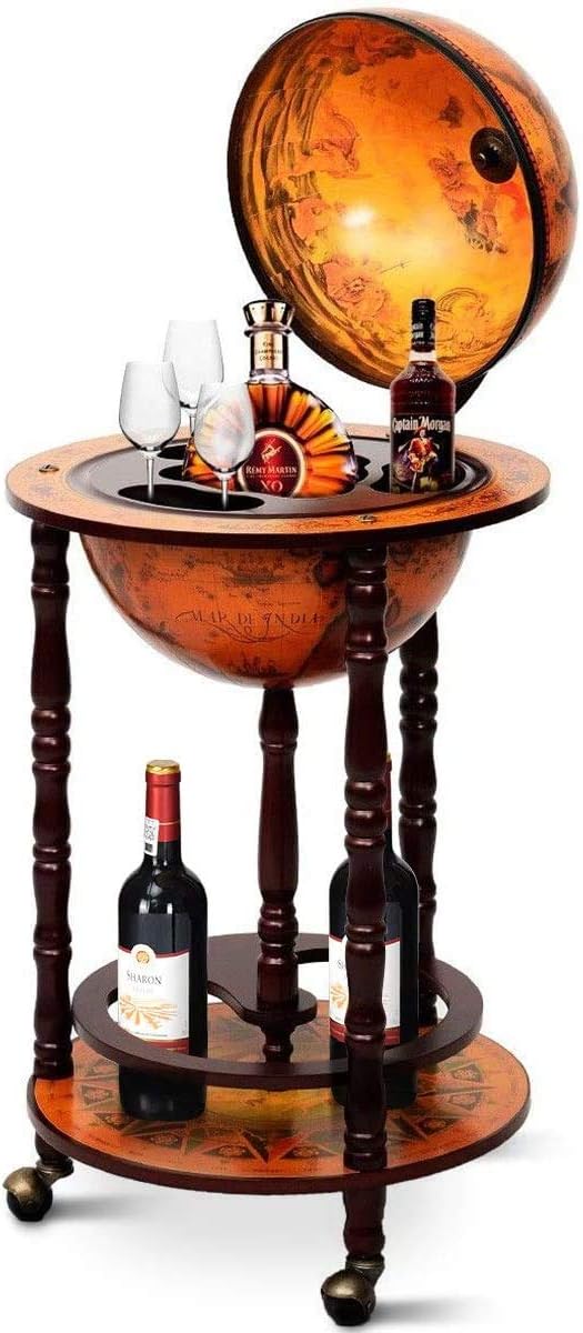 LUARANE 17” Wooden Wine Bar Stand Cart, Movable 16th Century Italian Replica Liquor Bottle Shelf Cabinet w/ Bottom Shelf & Wheels
