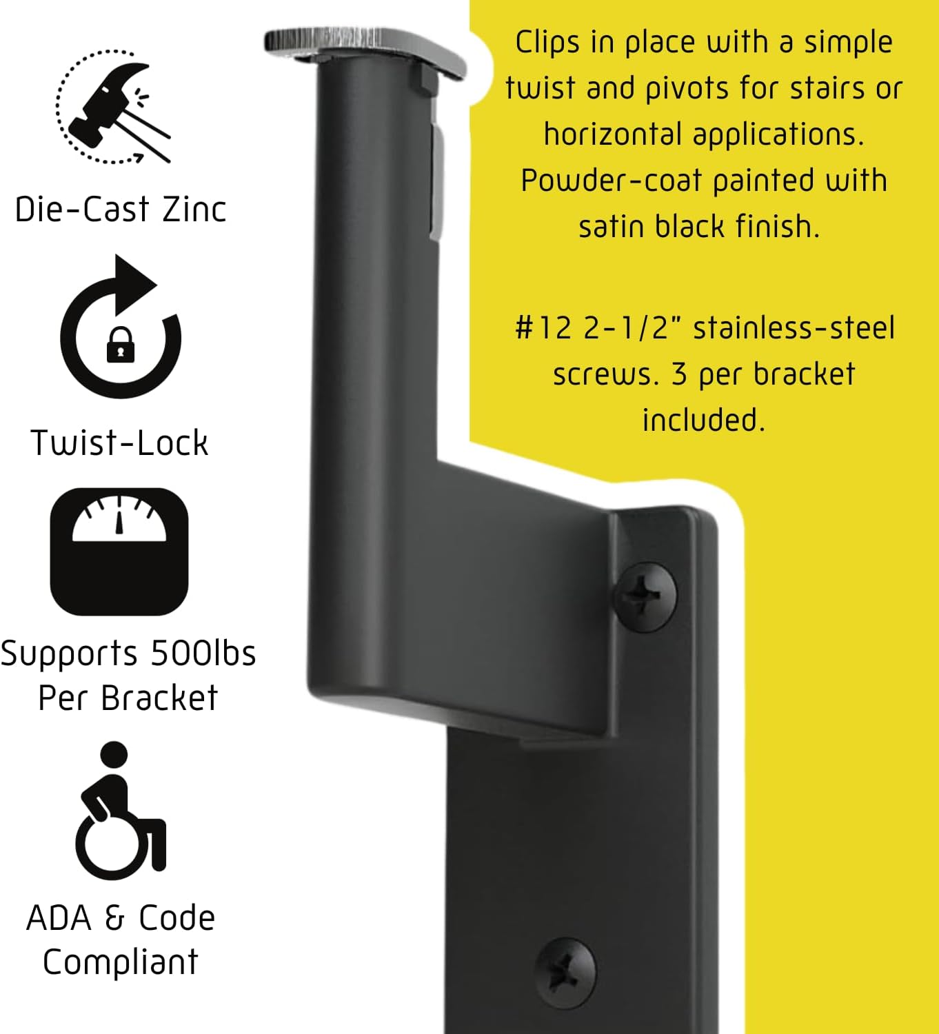 Promenaid Silver 5ft ADA Handrail Kit - Complete Indoor/Outdoor Stair Handrail - 1.6" Round Satin-Anodized Aluminum Railing with 3 Silver Painted