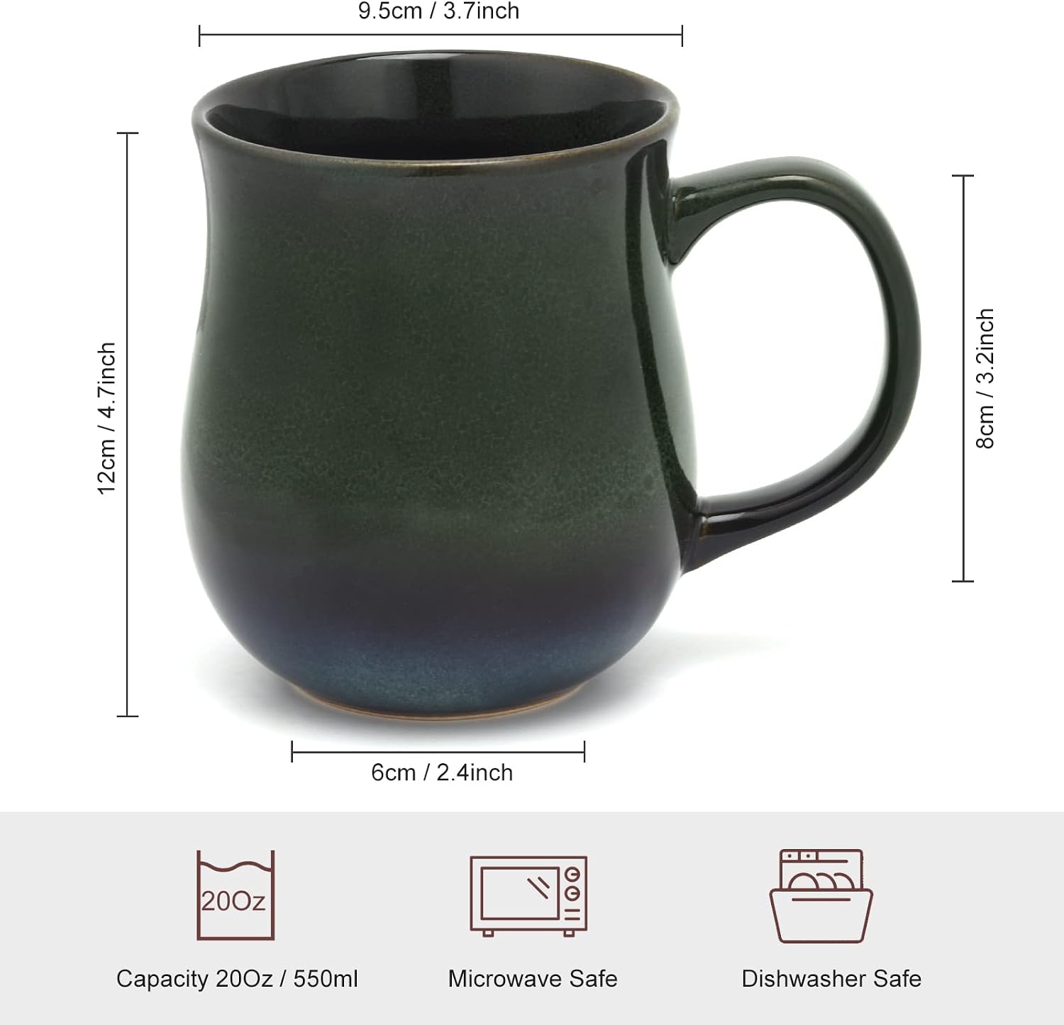 20 Oz Large Ceramic Coffee Mugs with Handle(Ink Green) | 600ml Handmade Tea Cup for Office and Home, Microwave and Dishwasher Safe
