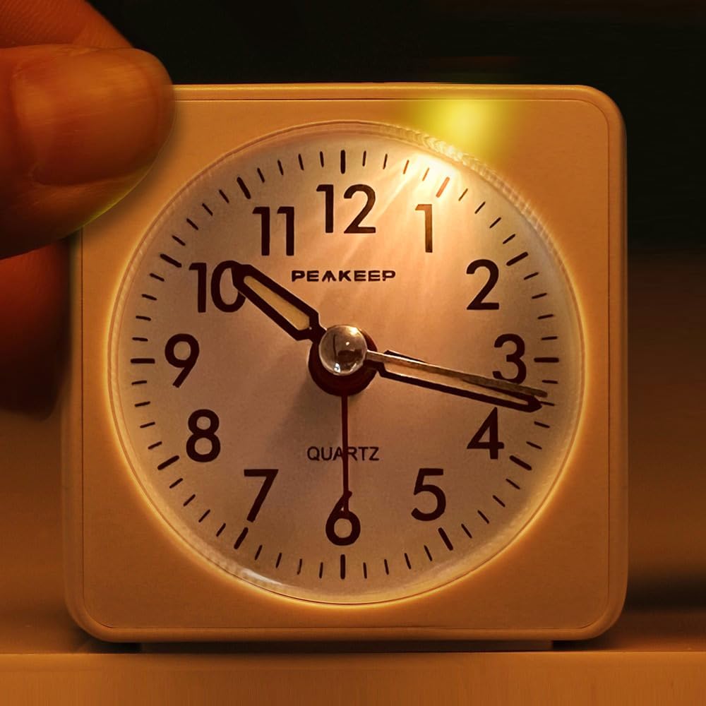Peakeep Ultra Small, Battery Travel Alarm Clock with Snooze and Light | Silent No Ticking Analog Quartz Clock (Aquamarine)