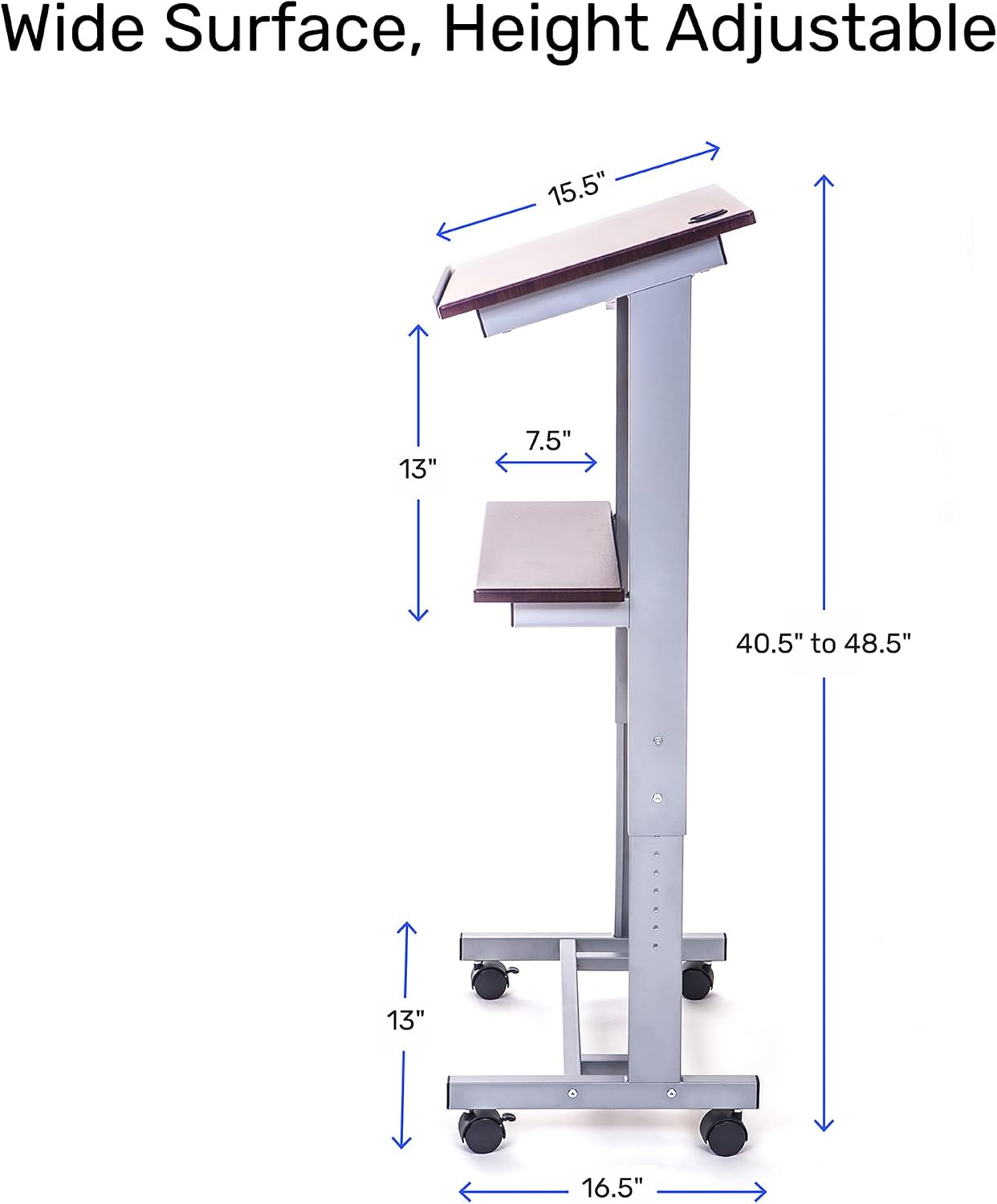 Stand Up Adjustable Height Lectern Podium | Rolling Desk with Storage Shelf | Ergonomic Standing Desk Frame for Office, Classroom, Laptop, Teaching, Presentations & More (Dark Walnut)