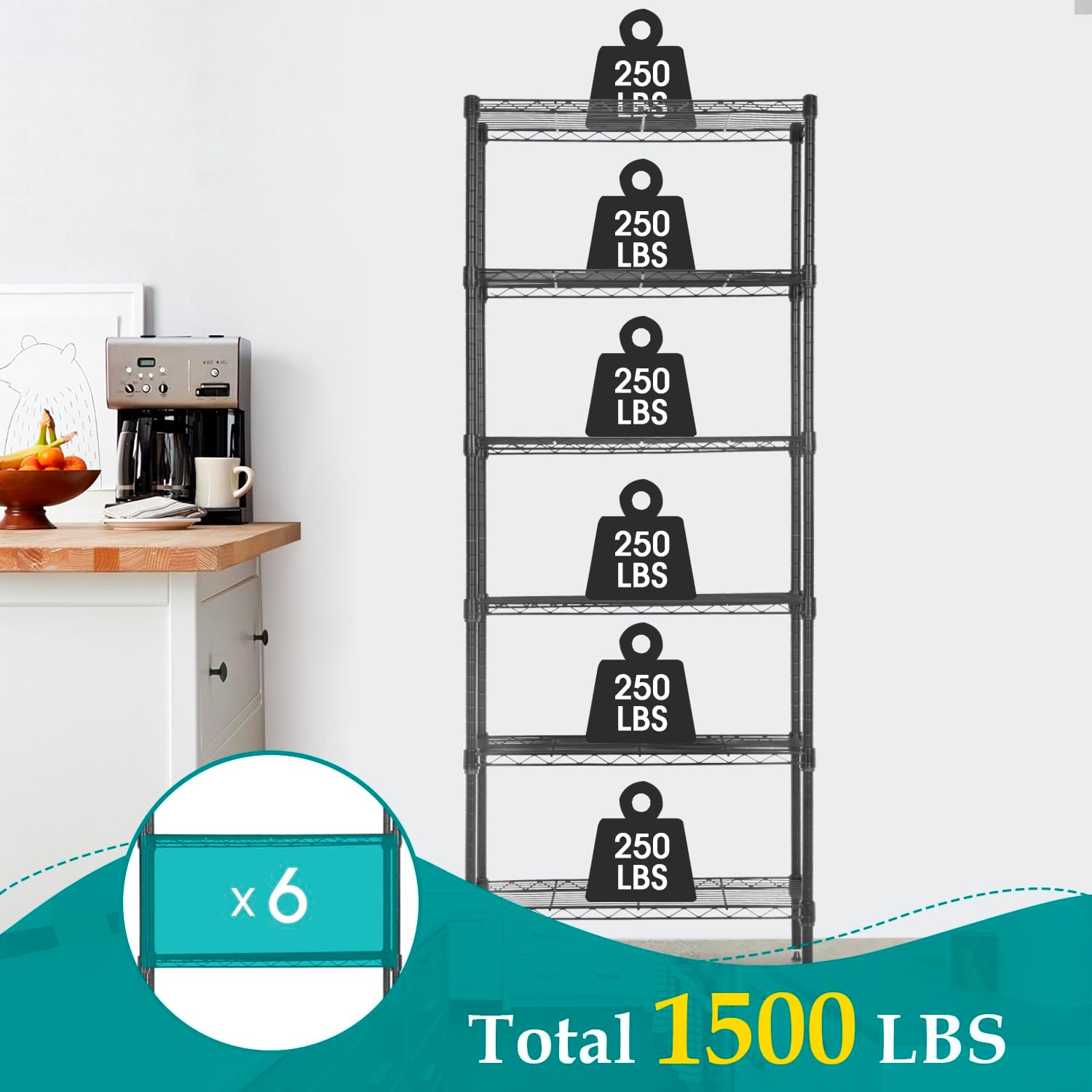 PayLessHere | 6-Tier Wire Shelf with Wheels | 45"x18"x82" | Black