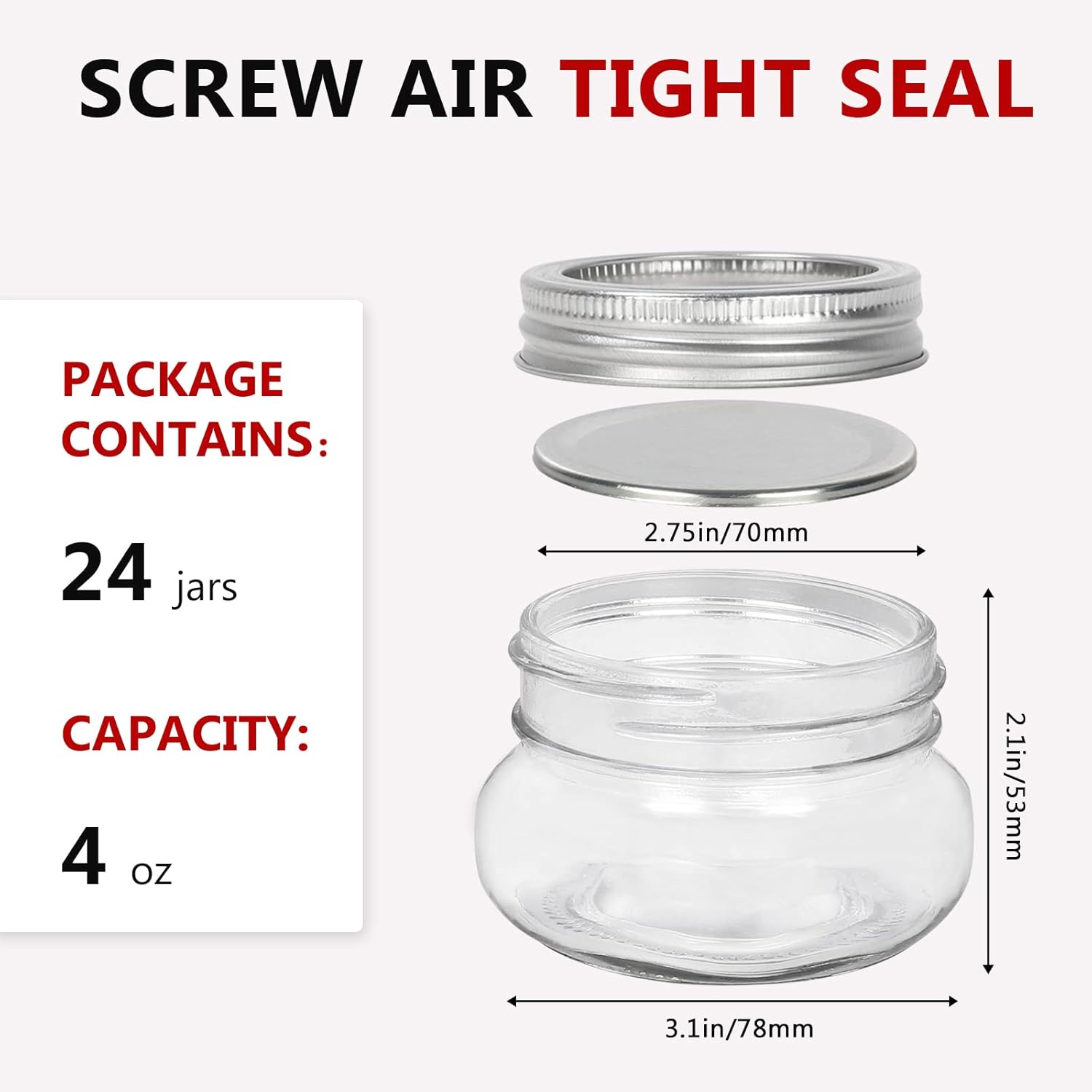 Betrome 24 Pack 4 oz Glass Mason Jars, Canning Jars with Regular Lids | 120ml Glass Storage Containers for Overnight Oats, Jam, Jelly,Honey, Beans, Spice, Wedding Party Favors, Shower Favors