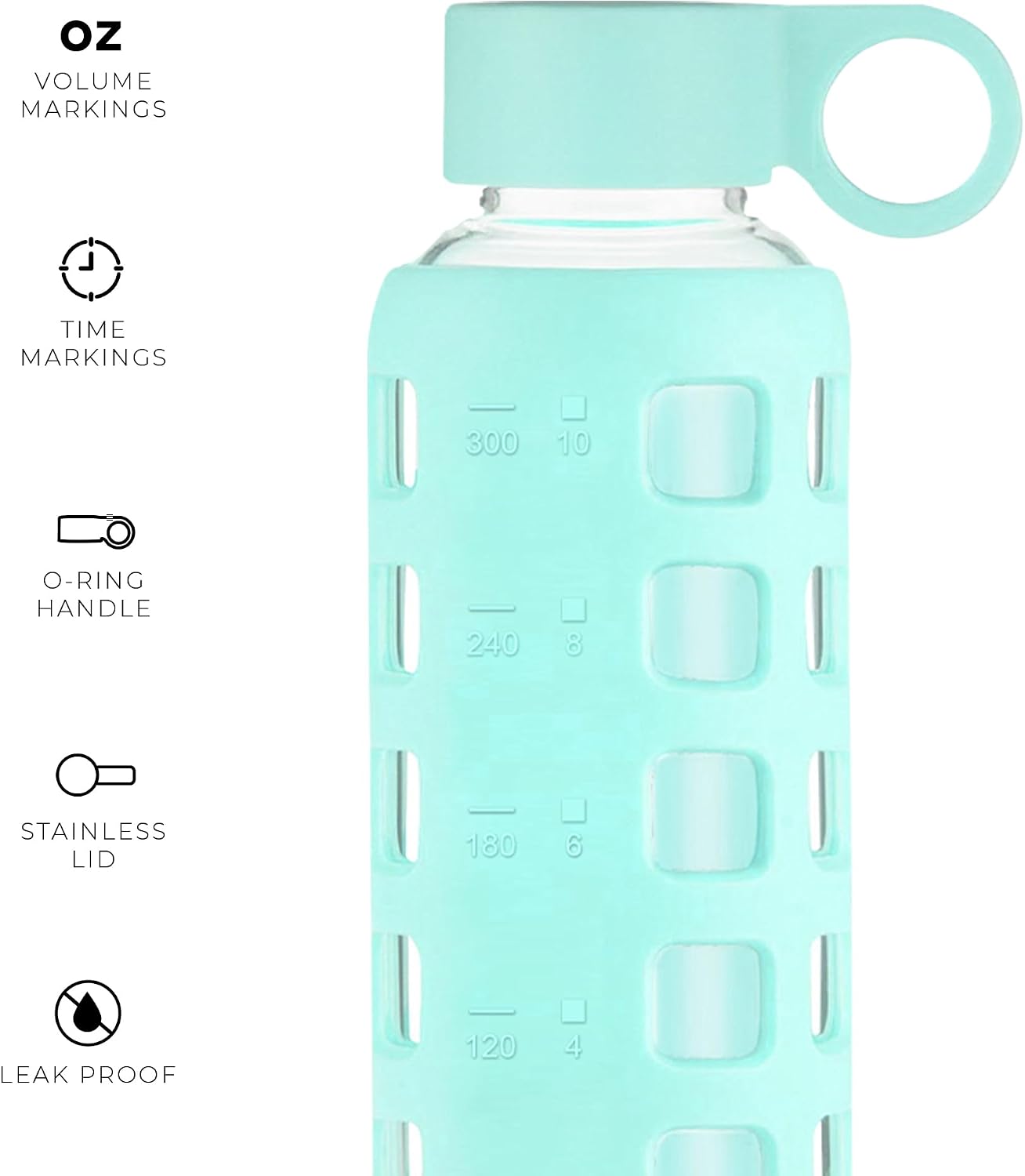 purifyou 40oz / 32oz / 22oz / 12oz Borosilicate Glass Water Bottle with Time & Volume Markers, Silicone Sleeve