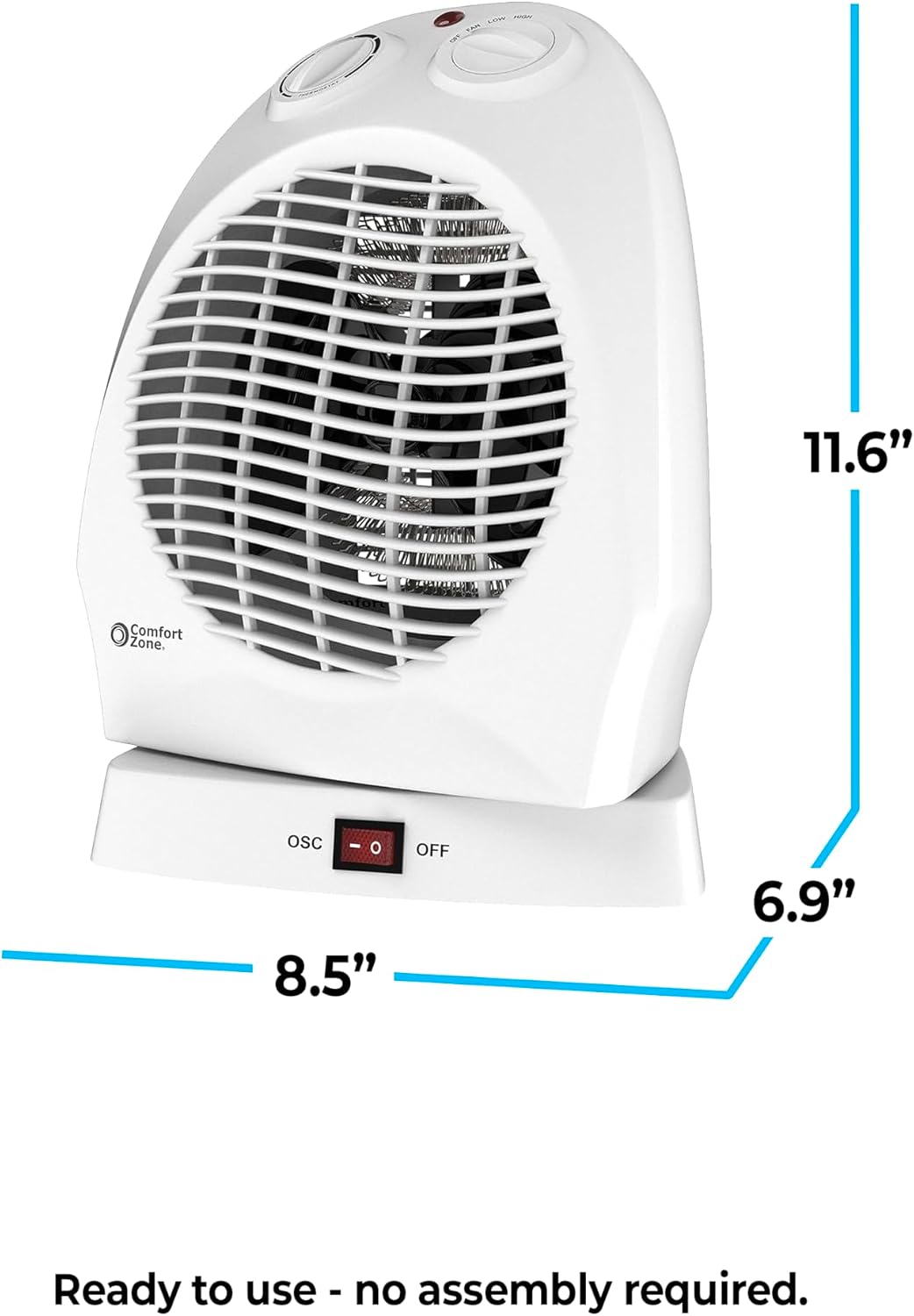 Comfort Zone CZ50 750/1500-Watt Fan-Forced Oscillating Electric Portable Heater with Adjustable Thermostat, Built-in Overheat Sensor, Safety Tip-Over Switch, and Heat Resistant Housing, White