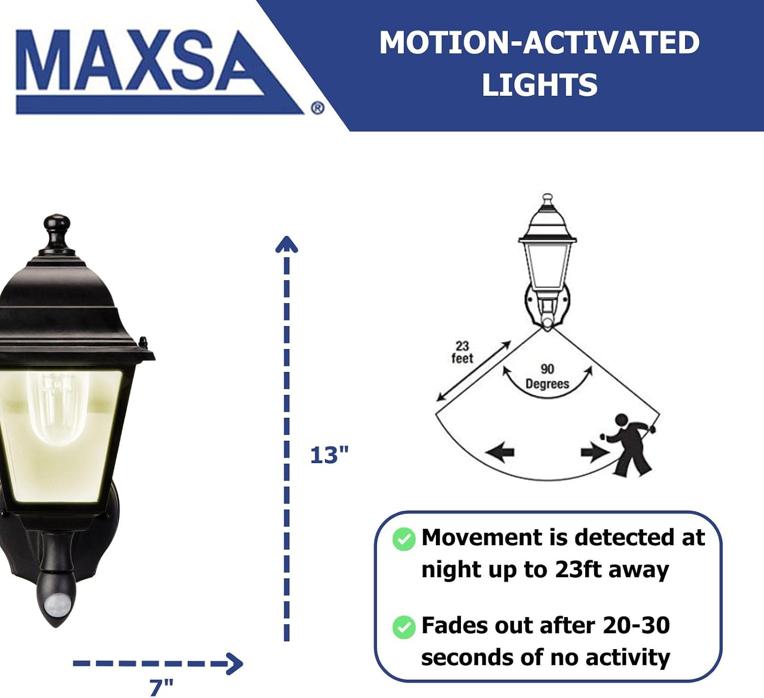 Maxsa 44219 Premium Wireless Battery-Powered Motion-Activated Decorative Outdoor Wall Sconce Lighting Fixture, Cool White LED, Metal Housing, Black