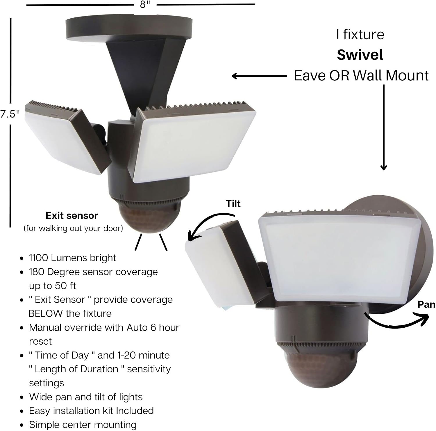 LED Outdoor Motion Sensor Security Floodlight – 1100 Lumens, 180° Detection, Weatherproof Design, Versatile Eave or Wall Mounting, Exit Detection