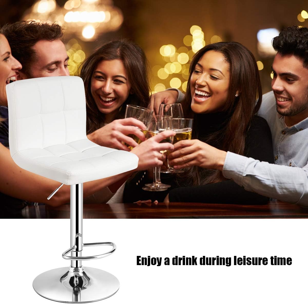 COSTWAY Bar Stool, Modern Swivel Adjustable Height PU Leather Barstools with Back, Square Armless Counter Height Bar Chair for Kitchen Island Dining Living Bistro Pub Counter, Black