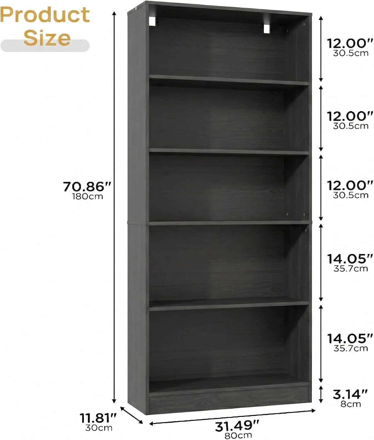 holzart 71" Tall Book Shelf, 5 Tier Large Bookshelf, Standing Wood Display Book Shelf for Living Room, Office, Library with Doors, 31.5" W x 70.87" H x 11.81" D, White
