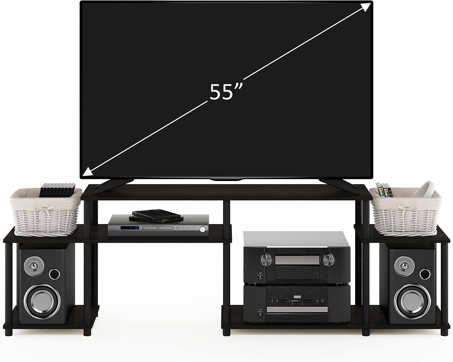 Furinno Nelly TV Stand, 3-Tier Entertainment Center with Open Shelves Storage, TV Console for TV up to 55 Inch, Soft Edges, for Living Room, Bedroom, Black
