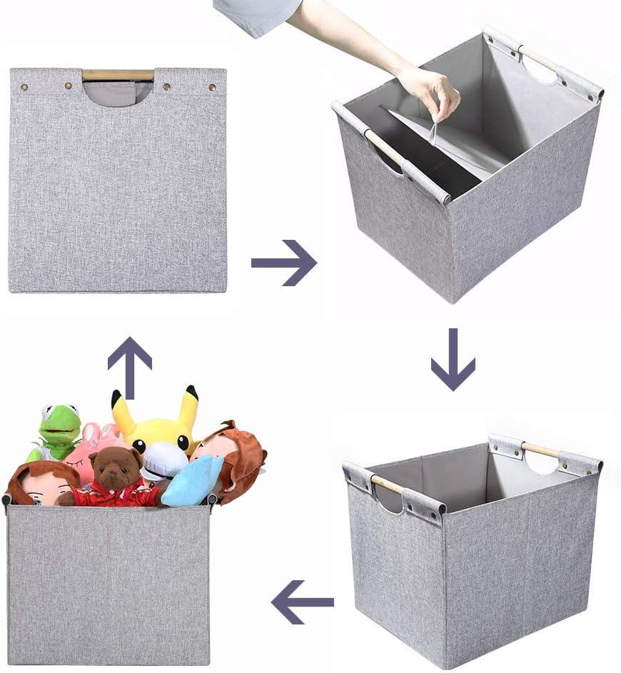 HOONEX Large Collapsible Storage Bins, Linen Fabric, 2 Pack, Storage Baskets with Wooden Carry Handles and Sturdy Heavy Cardboard, for Home, Office