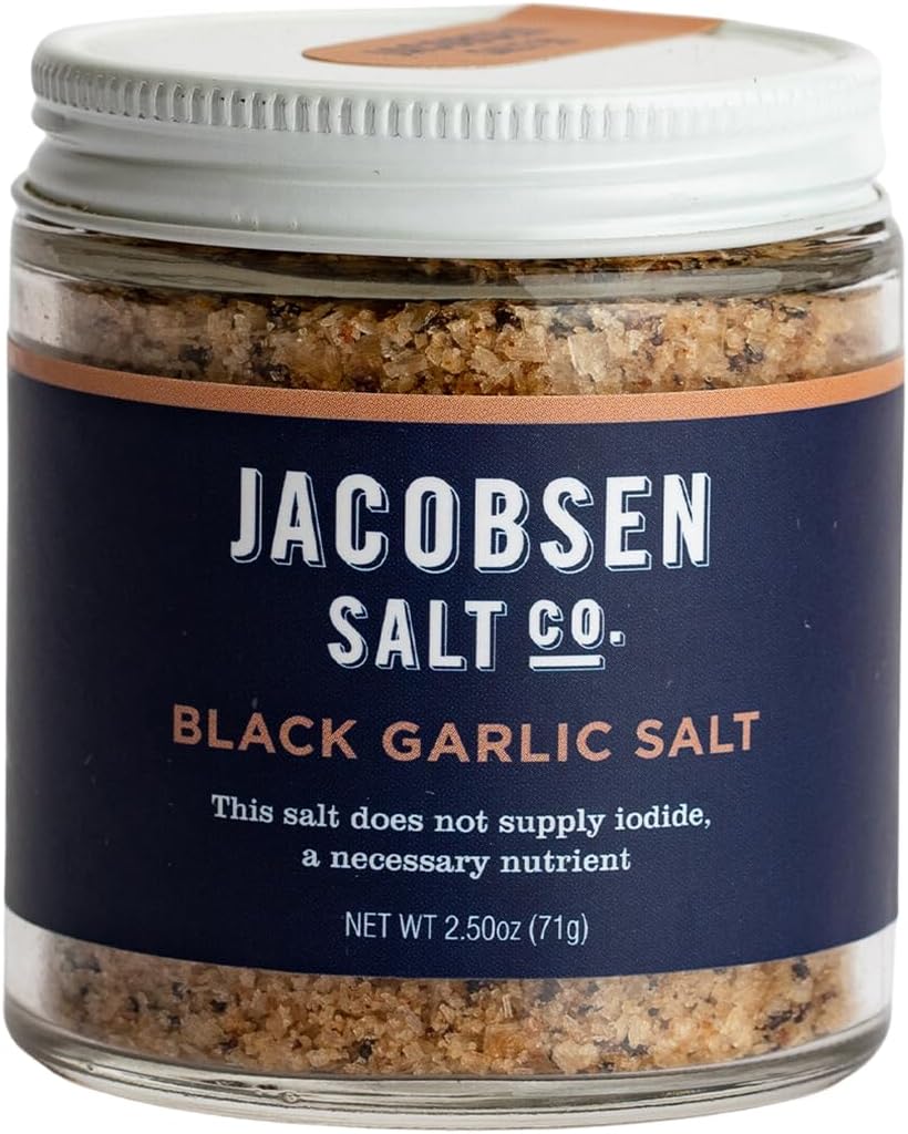 Jacobsen Salt Co. Black Garlic Salt, Kosher, Non-GMO, Umami - 2.5 Oz | Steak Seasoning, Non-Iodized, Made in USA, Sweet Umami Flavored, Kosher Sea Salt, Infused with Garlic