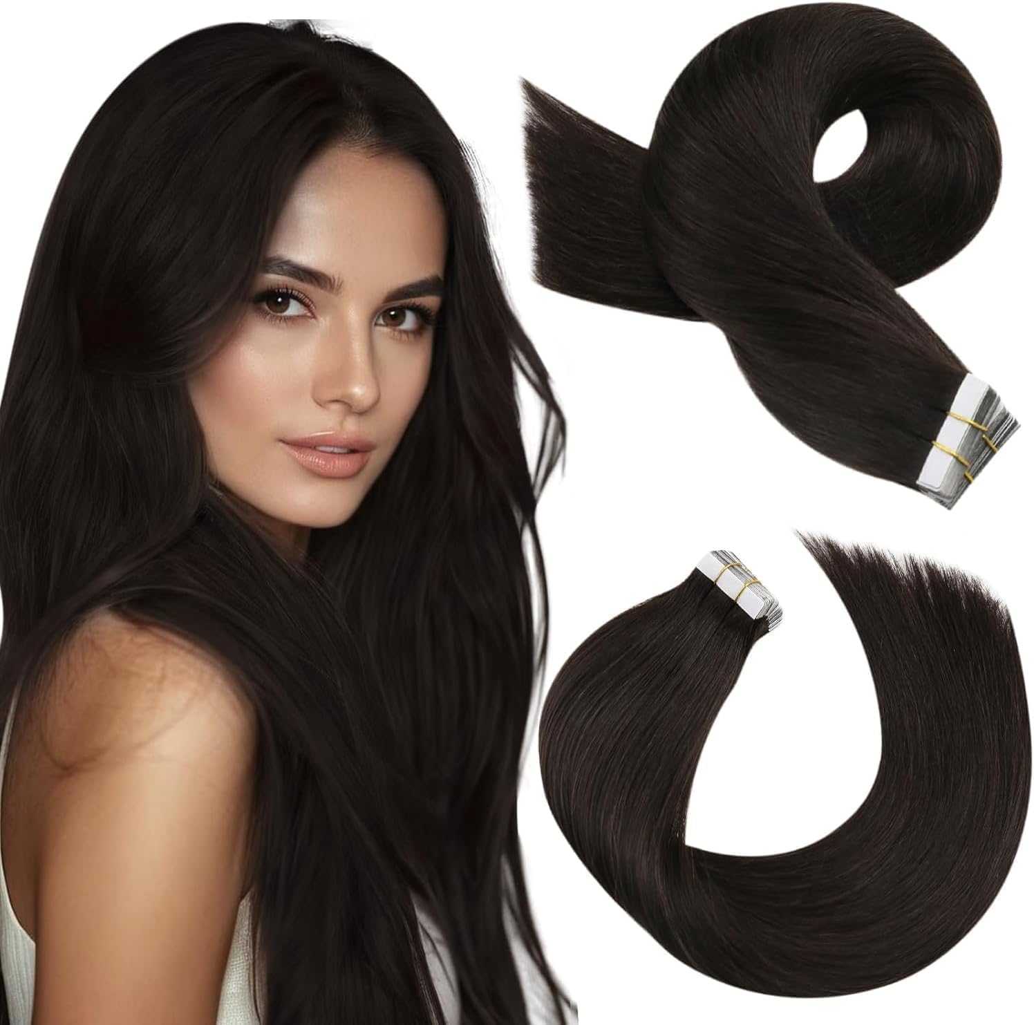 Moresoo Black Tape in Hair Extensions Human Hair, 18 Inch, 20Pcs, 50g