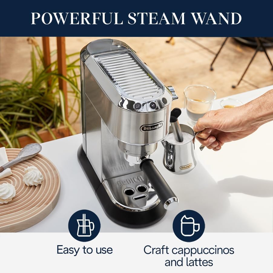 De'Longhi Dedica Espresso Machine, 15-Bar Pump, Frother, Stainless Steel | #1 Worldwide Espresso Machine Maker, Rapid Heat-Up, Frother, Compact Design, Easy to Clean