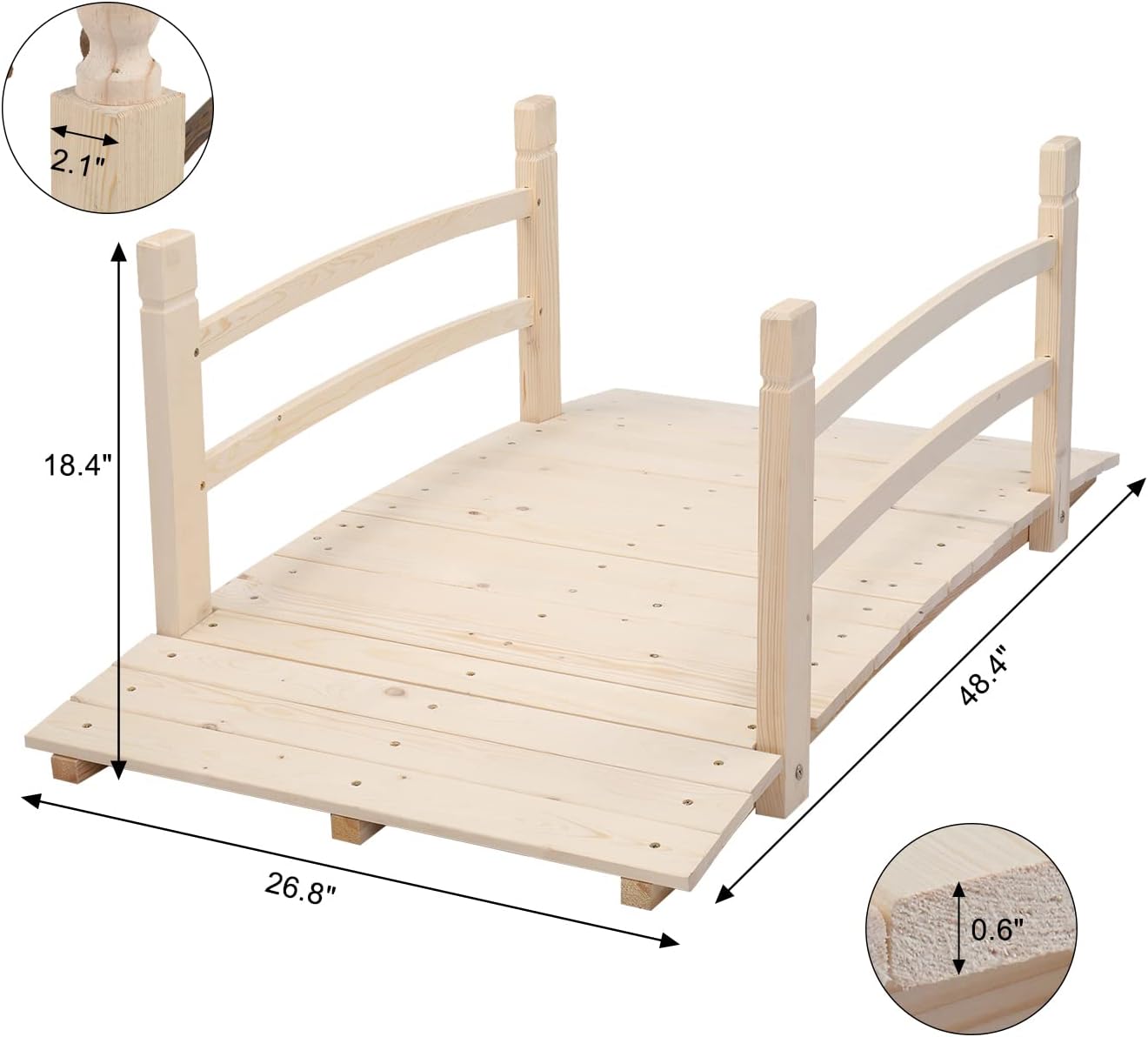 VINGLI 5 ft Garden Bridge, Classic Wooden Arch with Safety Rails Stained Finished Footbridge, Decorative Pond Landscaping, Backyard, Creek or Farm