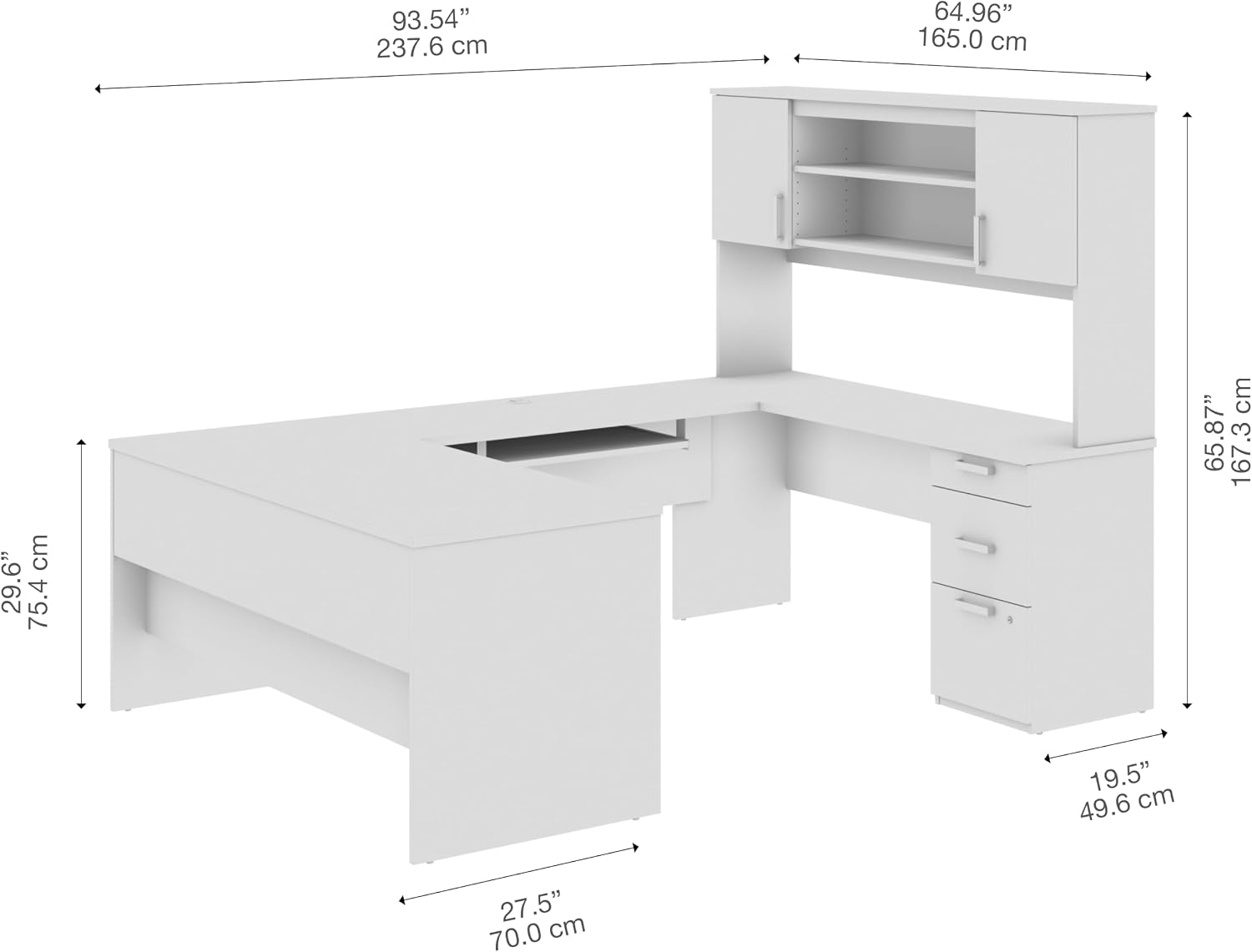 Bestar U Shaped Desk with Drawers, Hutch, and Keyboard Tray, Executive Workstation for Home or Professional Office, 65 Inches, Ridgeley Collection, White Chocolate