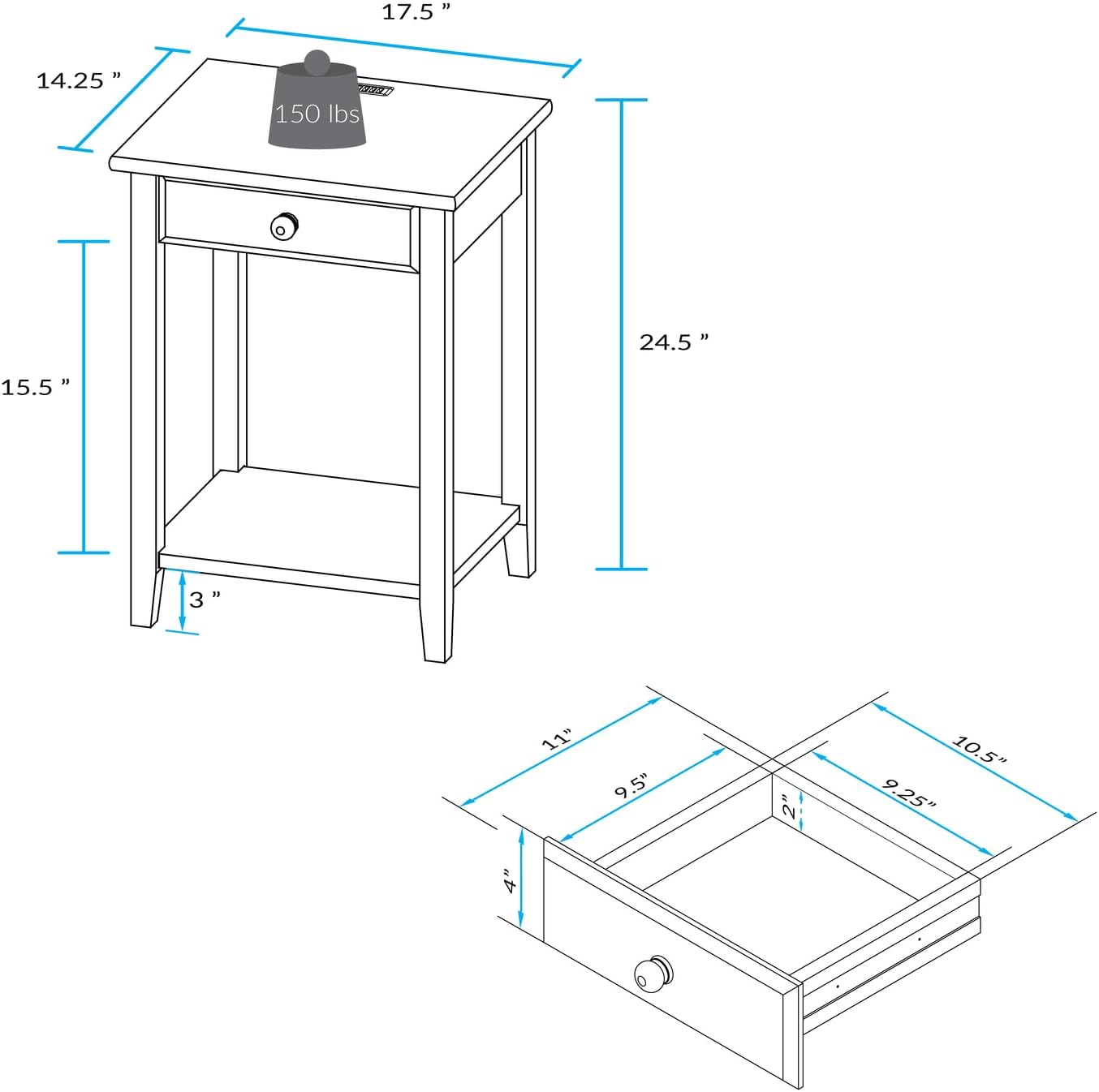 Casual Home Owl Night Stand with USB Port Charging Station and Drawer, 17.5"W x 14.25"D x 24.5"H, Espresso