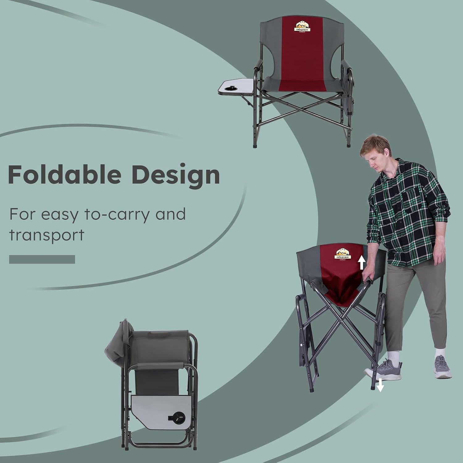 Colegence Oversized Directors Camping Chair for Adults, 600 lb, Black | Heavy duty folding outdoor chair with 28" wide seat, supportive back, side table, cup holder and detachable storage pocket