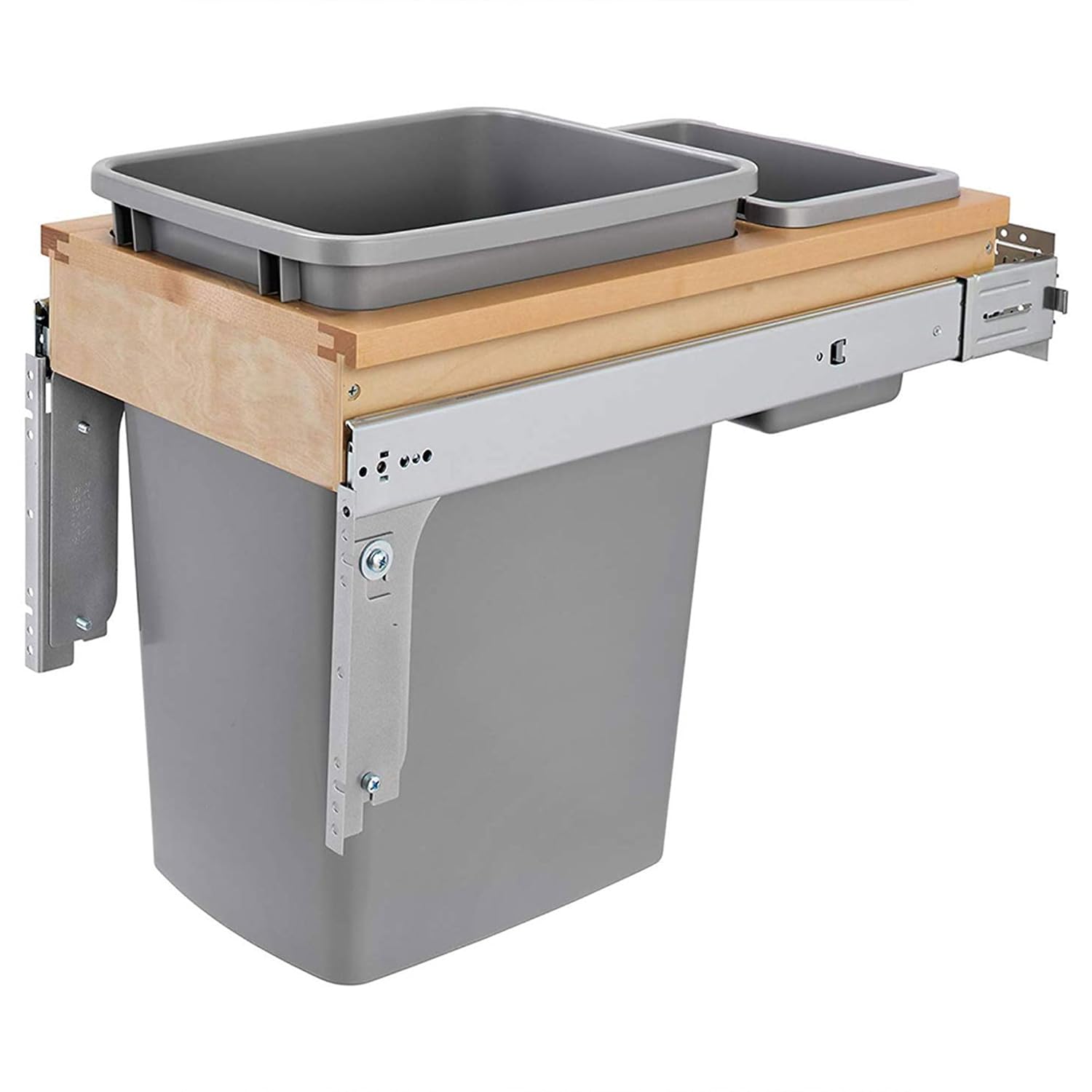 Rev-A-Shelf Double Pullout Trash Can, Min Cabinet Opening 18" W, 50 Qt | w/ Soft-Close, Under Cabinet Waste/Recycling Bin w/ Lid, Silver, 4WCSC-2150DM-2