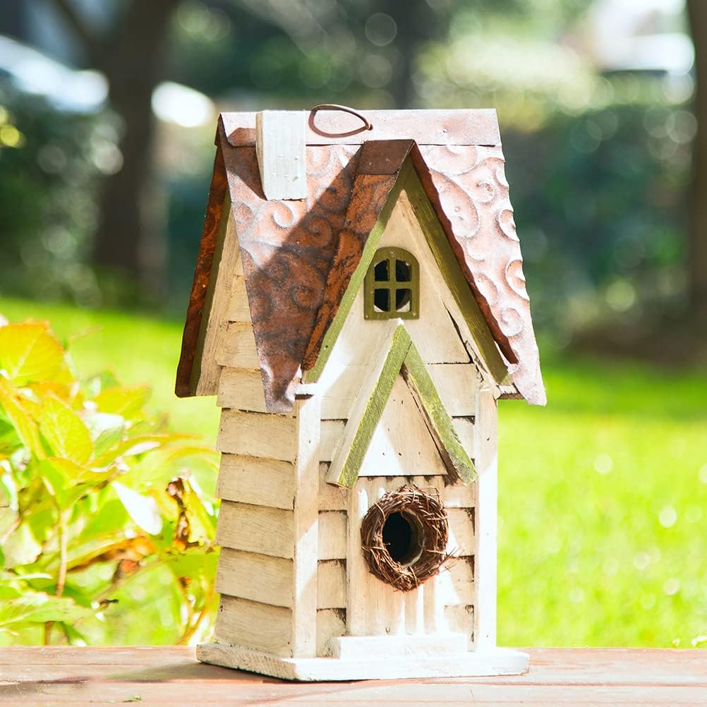 Glitzhome 12" H Green Hanging Distressed Solid Wood Garden Bird House Decorative Birdhouse