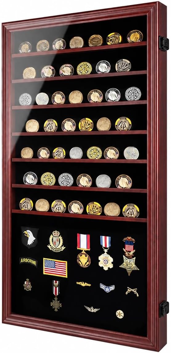 Jinchuan Military Challenge Coin Display Case Lockable Cabinet Rack Holder Shadow Box with Removable 2 Grooves Shelves and Anti Dust Door for Casino