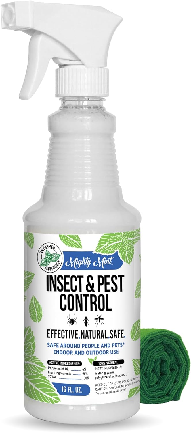 Mighty Mint Peppermint Oil Insect Repellent Spray, 16 oz | Natural Indoor & Outdoor Bug Control for Spiders, Ants, Roaches, Plant-Based, Extra-Strong Formula with Microfiber Cloth