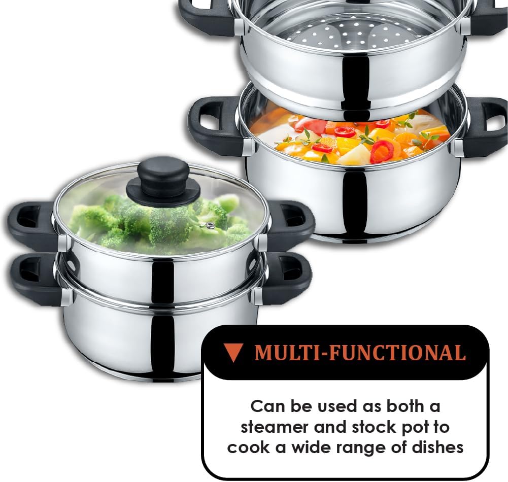 CONCORD 3 Quart Stainless Steel 3 Piece Steamer Cookware Set. Features 2 Quart Veggie Steamer and 3 Quart Cooking Pot with tempered glass lid.