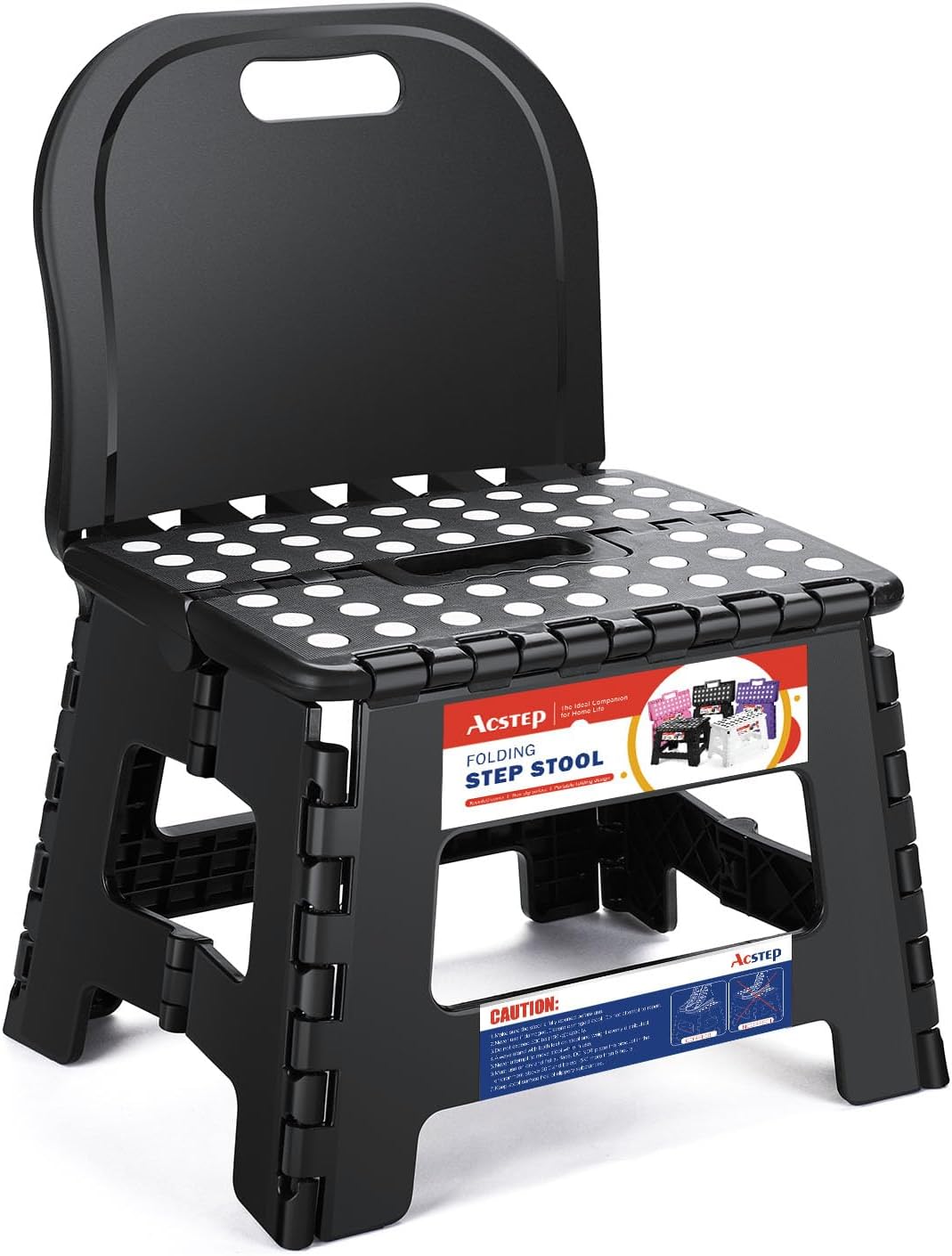 11 Inch Folding Step Stool for Kids, Non-Slip Foldable Stools, Black | Heavy Duty Collapsible Foot Stool, Lightweight with Built-in Handle, Holds 300 lb for Adults Kitchen Bathroom Bedroom Outdoor