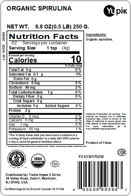 Yupik Organic Spirulina Powder 8.8 oz, USDA Certified, Non-GMO, Kosher, Gluten-Free, Vegan, High in Protein, Iron & Antioxidants, Superfood for Smoothies, Shakes & Baking