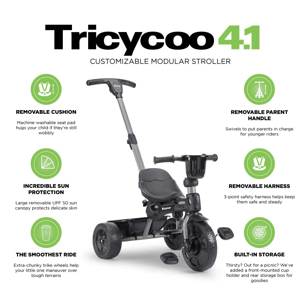 Joovy Tricycoo 4.1 Kids Tricycle with 4-Stages Featuring Extra-Wide Front Tire, Removable and Adjustable Parent Handle, Safety Harness