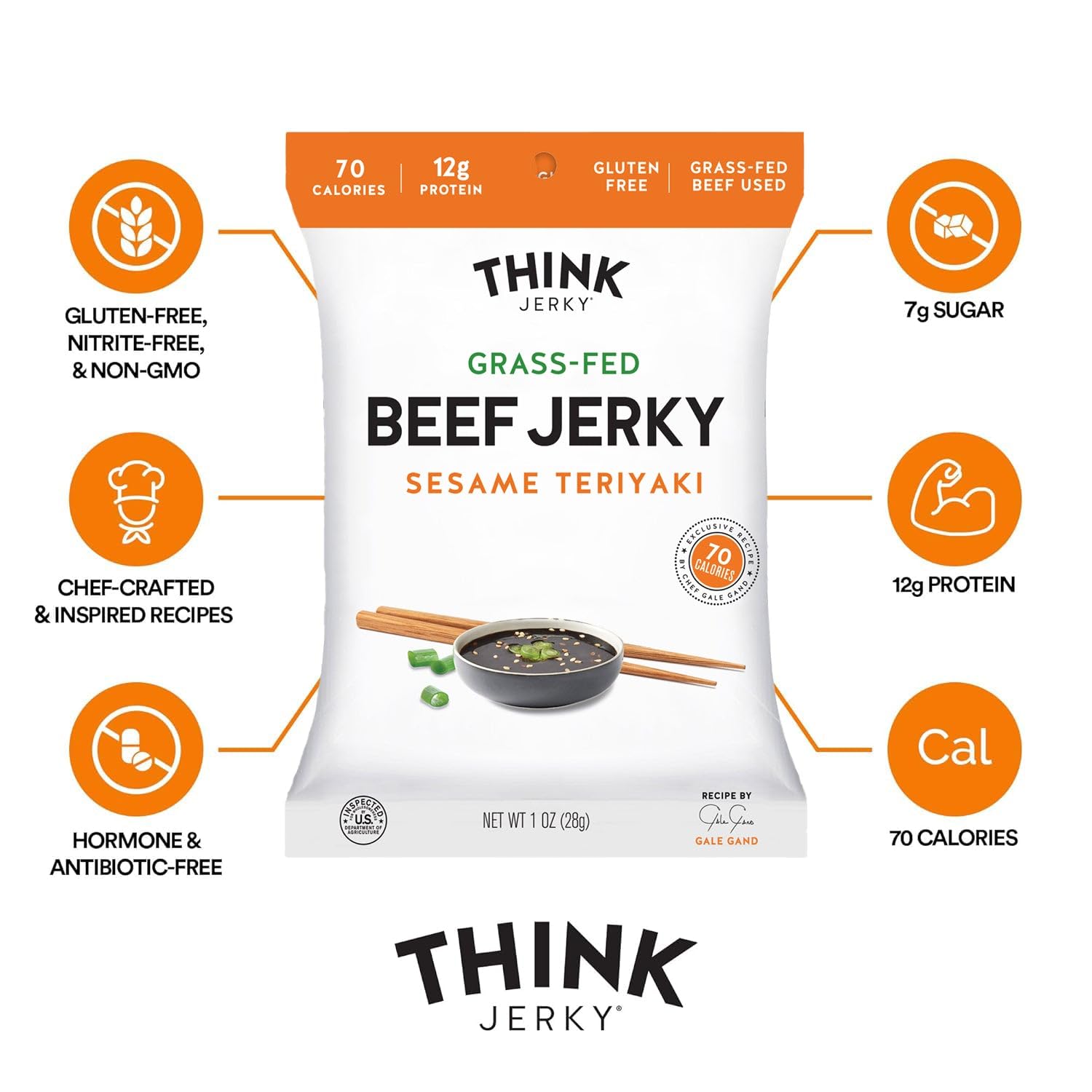 Think Jerky Sesame Teriyaki Beef Jerky, Grass-Fed High Protein Beef Jerky, Gluten Free, No Antibiotics or Nitrates, Healthy Chef Crafted Recipe, Low Calorie and Low Fat - 2.2 oz Bags, 4 Pack