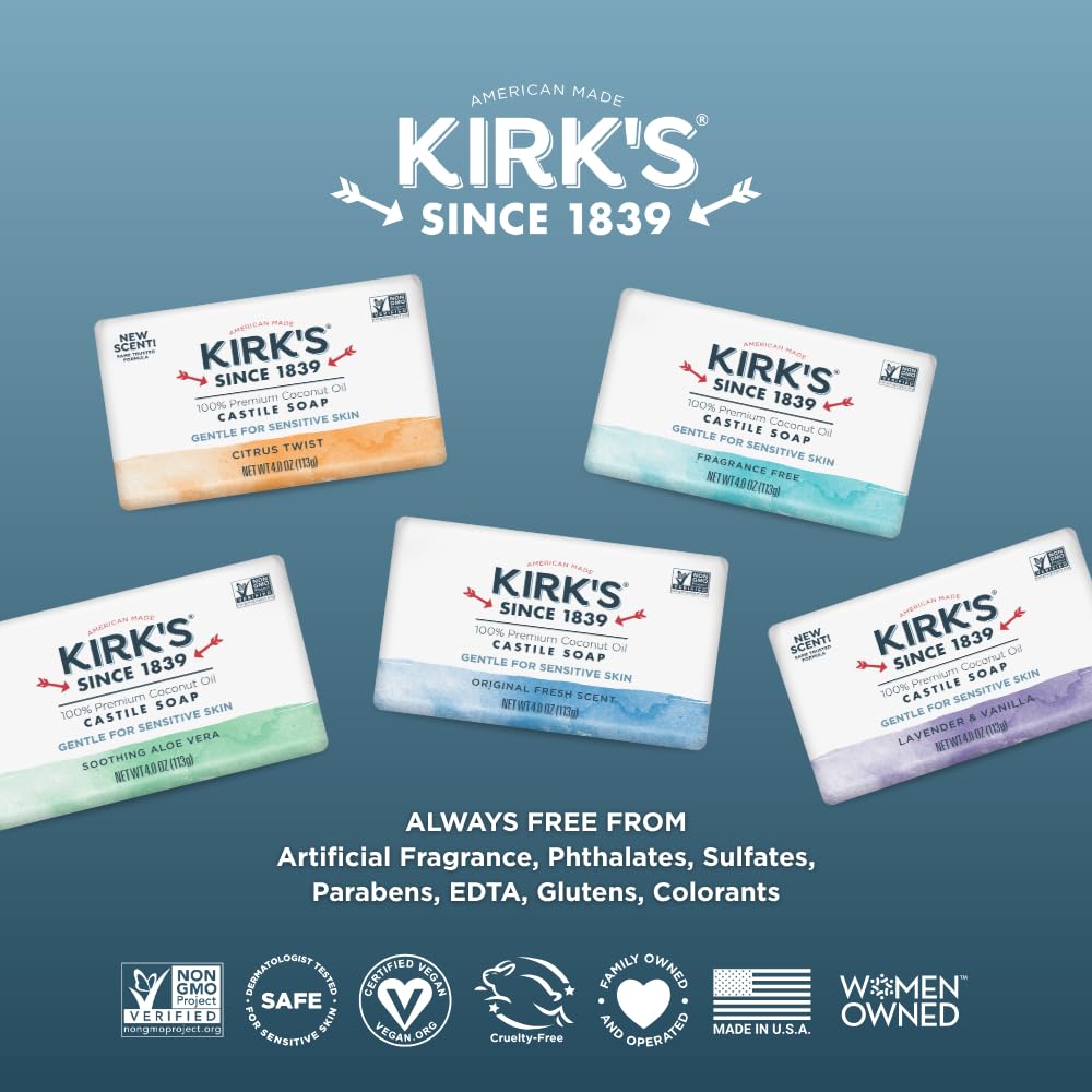 Kirk's Castile Bar Soap, Aloe Vera - Clinically Tested, Safe for Sensitive Skin with Coconut Oil, Vegan and Non-GMO - 4 oz Bars, 6 Pack