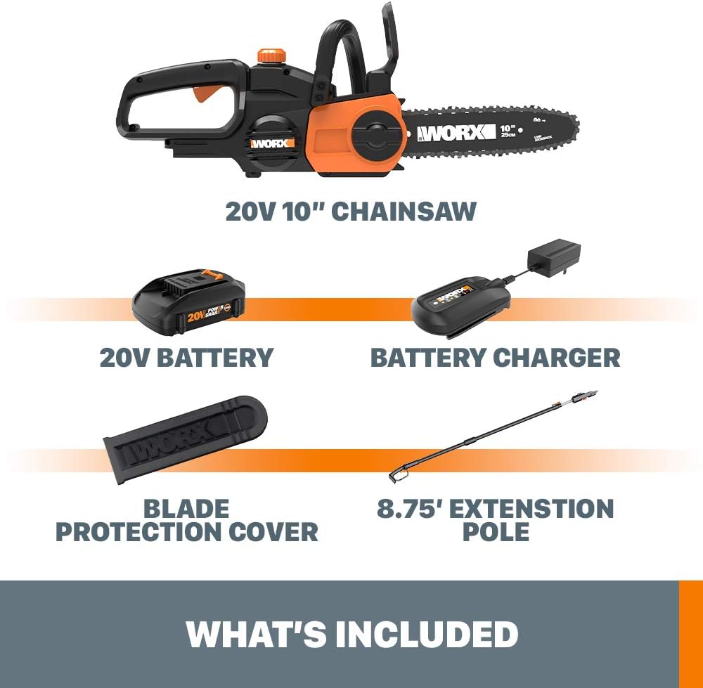 WORX Cordless Chainsaw, 20V 10" 2-in-1 Pole Saw with Auto-Tension, WG323 | 12' extra reach with pole, weighs 10 lbs, auto-tension chain adjustment
