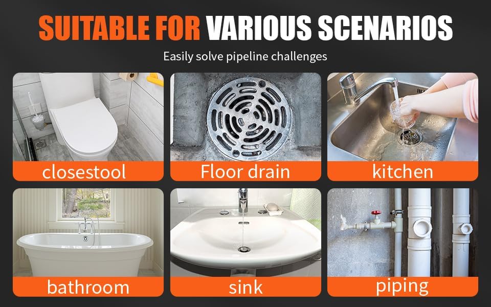 drain cleaner machine，50 Ft x1/2 Inch Electric drain auger, Portable Design, Comes with 6 knife heads, gloves，Foot air switch control