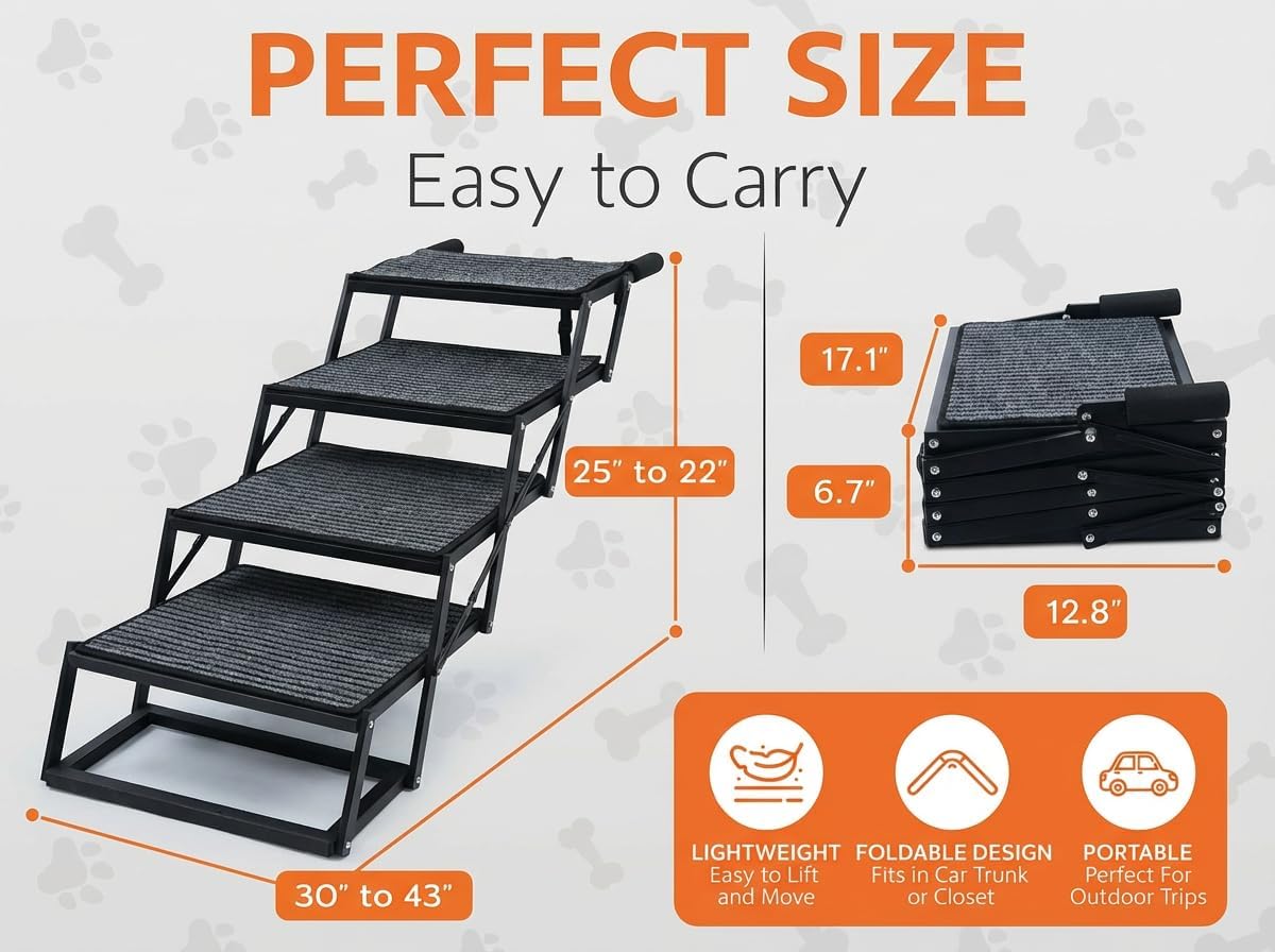 Foldable Dog Stairs for Cars Trucks & SUVs - Heavy-Duty Carbon Steel Pet Ladder Supports 230LB - Non-Slip Metal Mesh Joint-Friendly Portable Ramp for Large Dogs - 5 Step Pet Stairs w/Mat