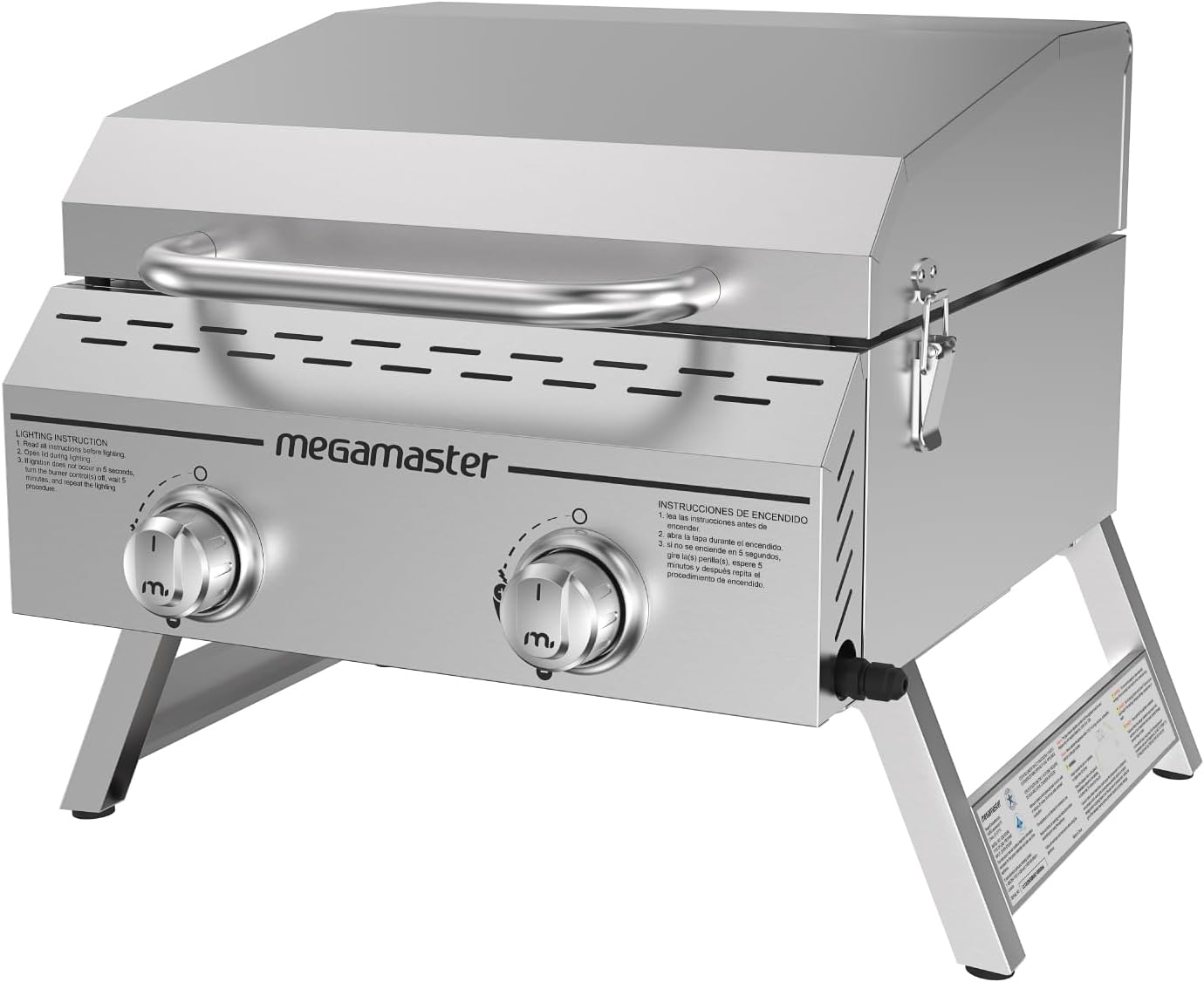 Megamaster Tabletop 2 Burner Gas Grill, Stainless Steel with Foldable Legs