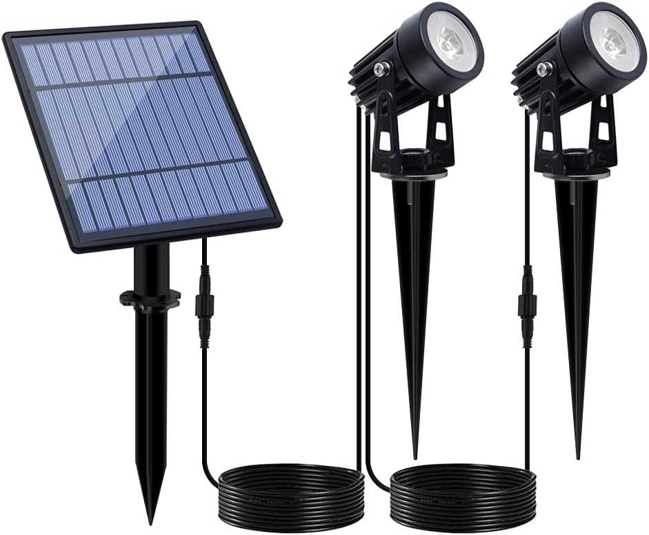APONUO Metal Solar Spot Lights Outdoor with 9.8ft Cable Solar Powered Landscape Lighting Low Voltage IP65 Waterproof Auto On/Off for Outside Garden Yard Landscape Pathway Garage-Warm White(4-in-1)