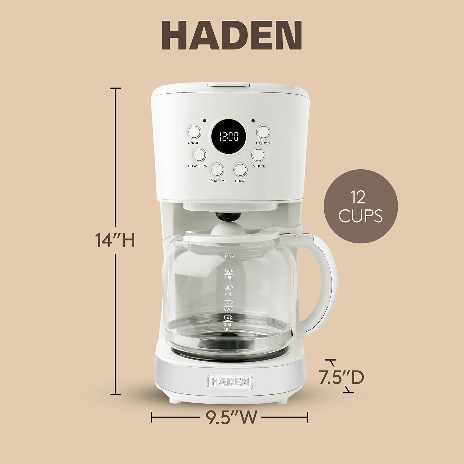 HADEN 12-Cup Programmable Coffee Maker for Home or Office, Putty & Chrome – Drip Brewer Machine with Brew Strength, Delay Brewing