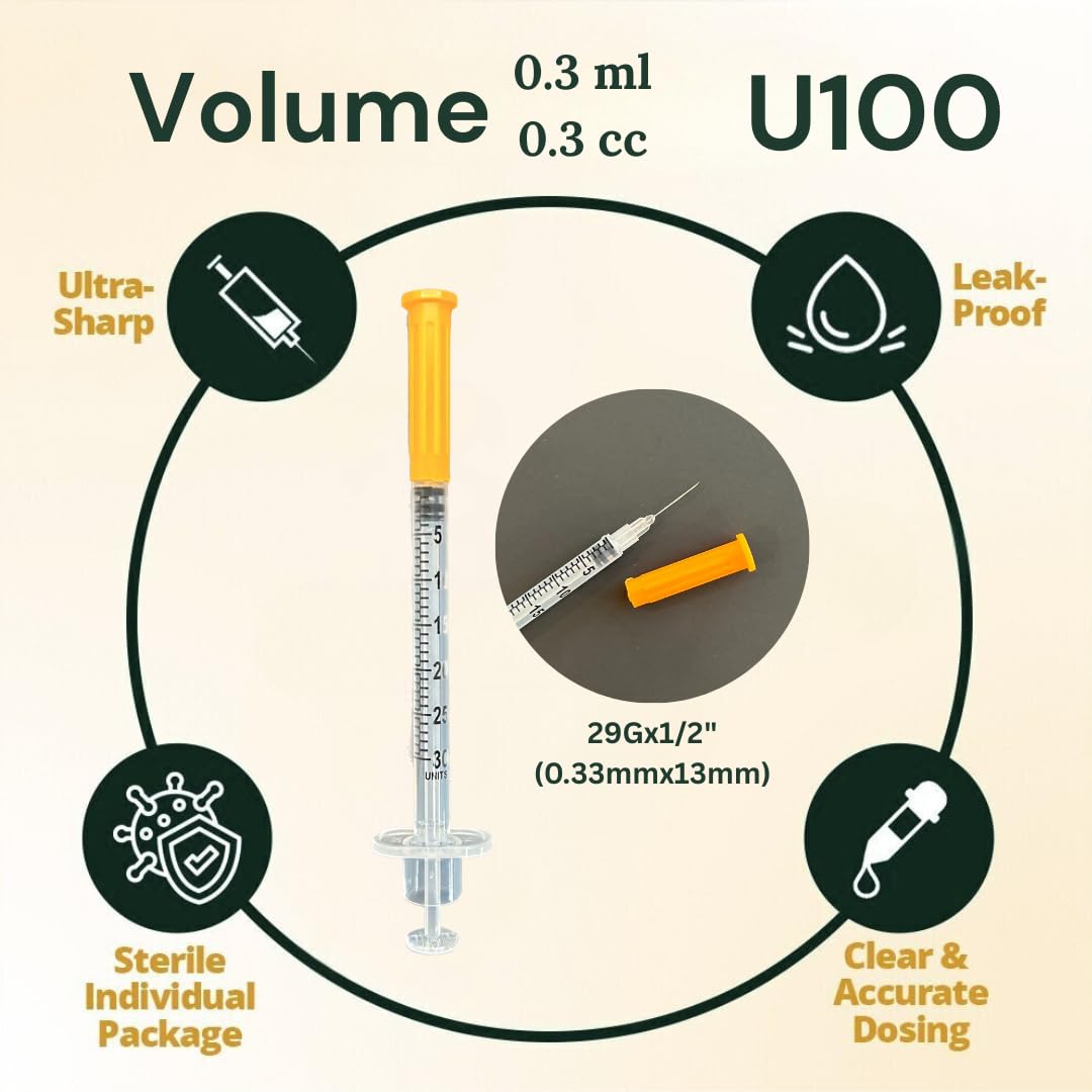 Veterinary Insulin Syringe U-100 0.3cc (ml), 29G x 1/2 inch (12.7mm), Half Unit Marking, Individually Packed, for Pet Cat or Dog, 100 per Box