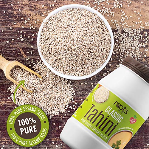 Roots Circle All-Natural Sesame Tahini Paste | 100% Pure Rich & Creamy Ground Sesame Seed Paste for Hummus, Tahini Sauce, Dressing & Dips | Vegan, Kosher | Non-GMO, Gluten & Peanut-Free | 2 Jars 16 Oz